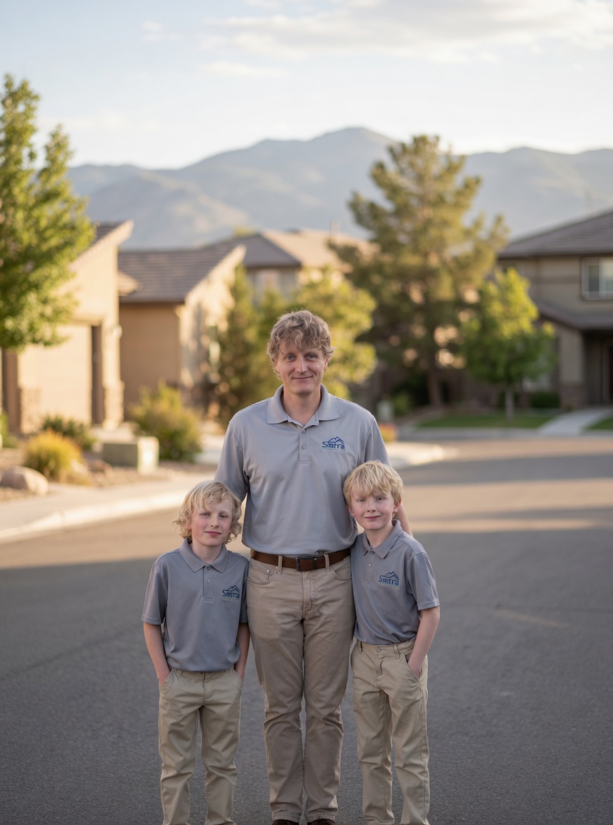 Joel Janson, founder of Sierra Homebuyers, with his twin sons in their Reno neighborhood